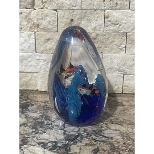 Murano style glass paperweight‎ with orange and white fish and coral, 4" high